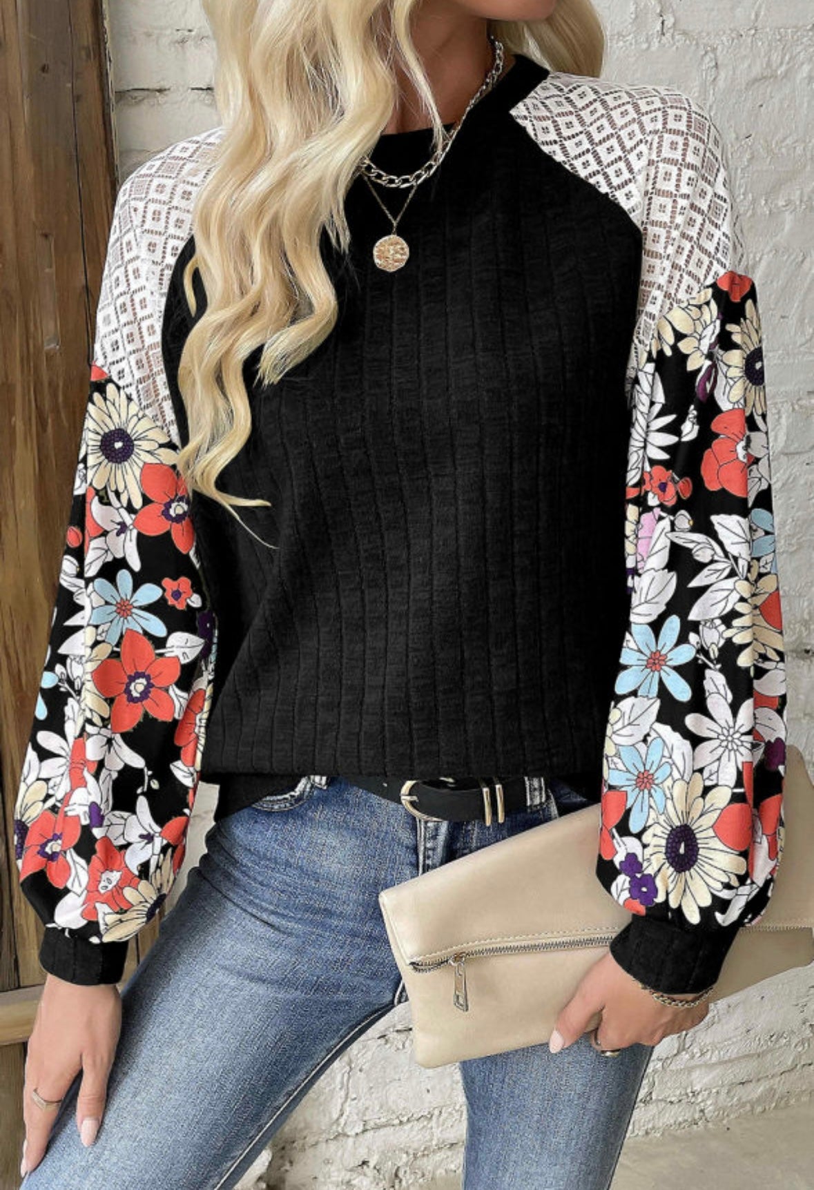 Black Floral Patchwork Long Sleeve Ribbed Blouse