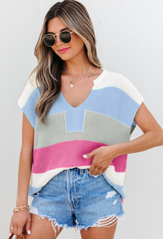 Blue Colorblock v neck sweater