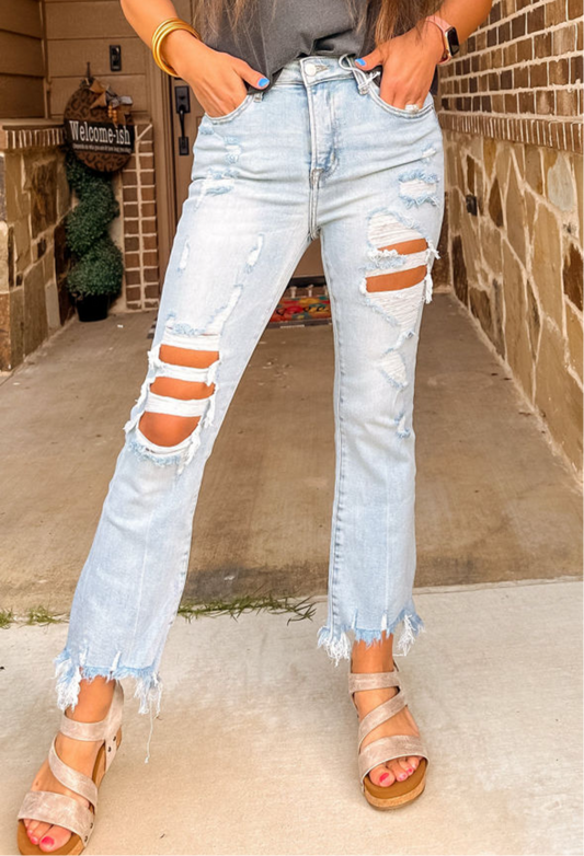 Light Wash Distressed Straight Leg Jeans