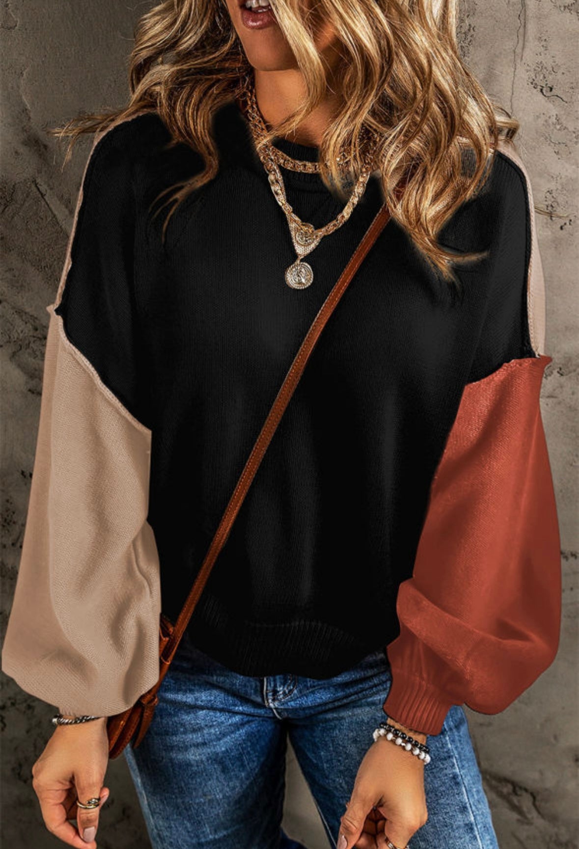 Black Colorblock Bishop Sleeve Ribbed Trim Blouse