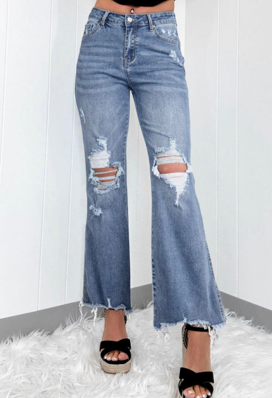 Dusk Blue High Rise Ripped Distressed Hem Flare Jean