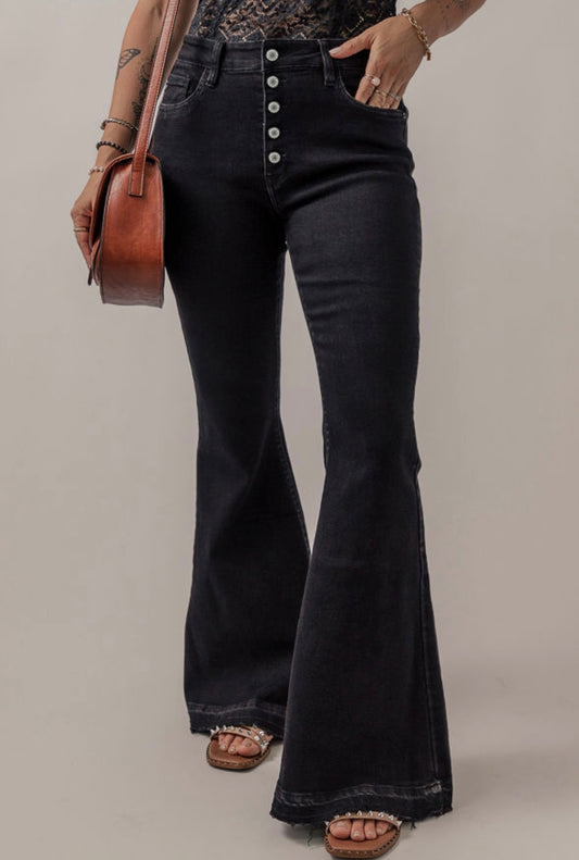 Black High Waist Button Front Flare Jean