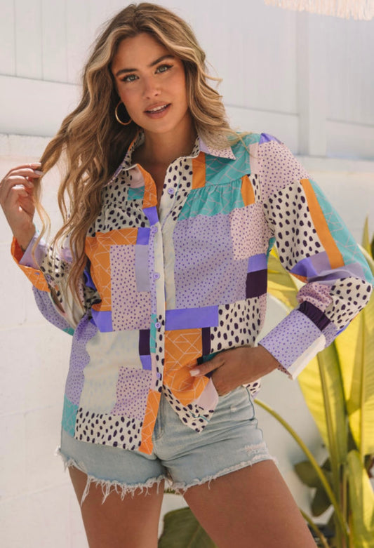 Colorful Print Long Sleeve Button Up