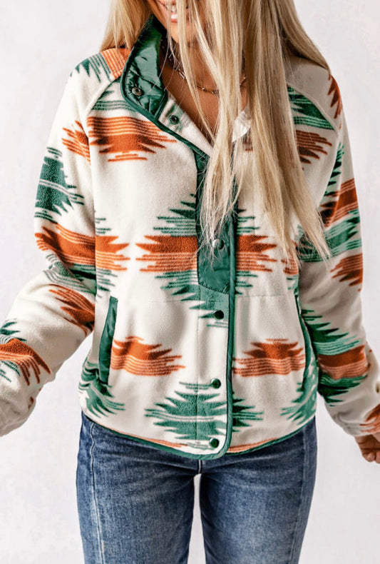 Multicolor Aztec Snap Button Fleece Jacket